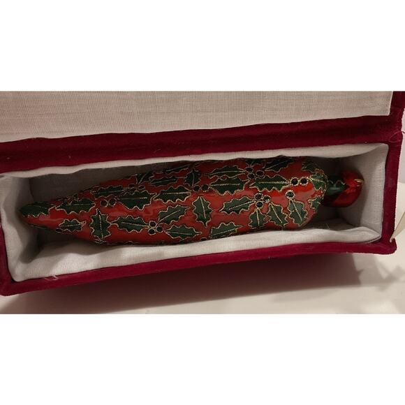 Rare Cloisonné Red Hot Chili Pepper Holly Berry Christmas Ornament With Box 5.5" - Picture 7 of 8